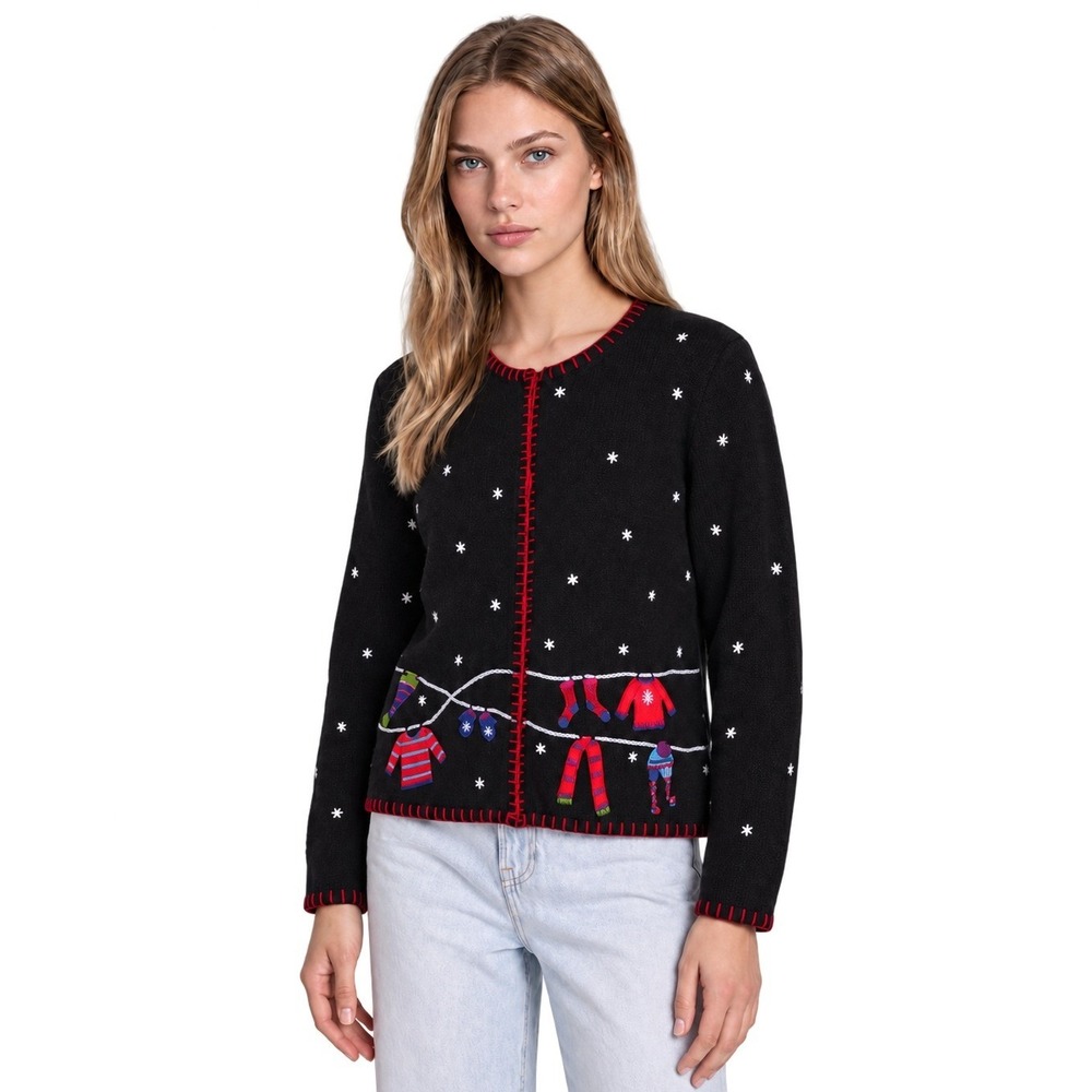 NEW Coldwater Creek Cardigan Sweater Women's Size Large Black Holiday Full Zip